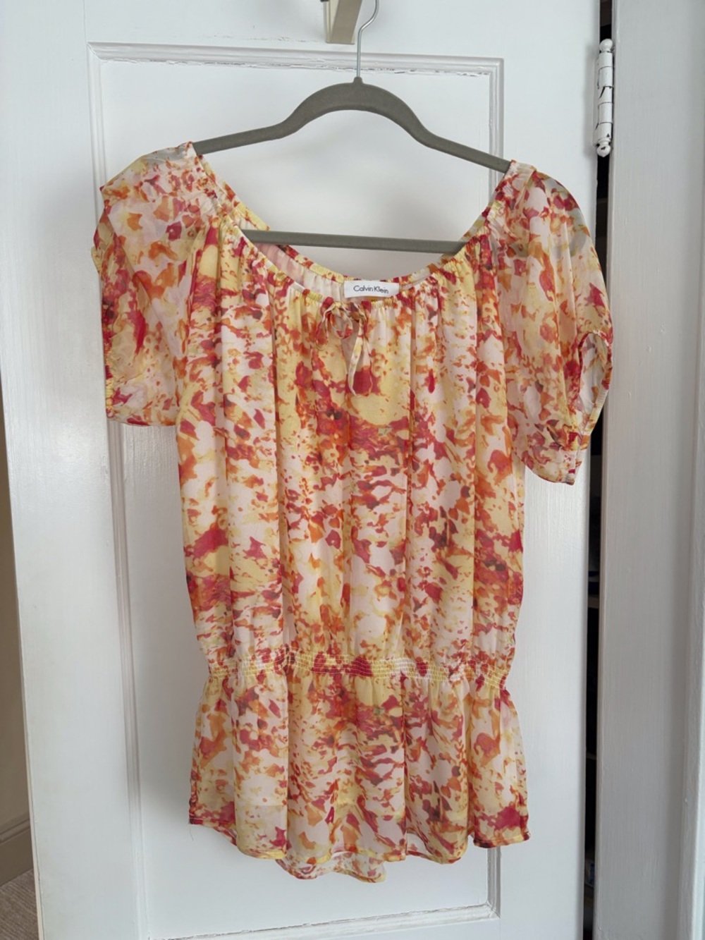 Calvin Klein Yellow, Coral & Pink Tie-Neck Floral Blouse